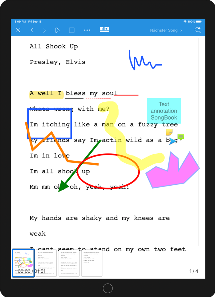 SongBook+ v4 iPad Song offen mit Notizen